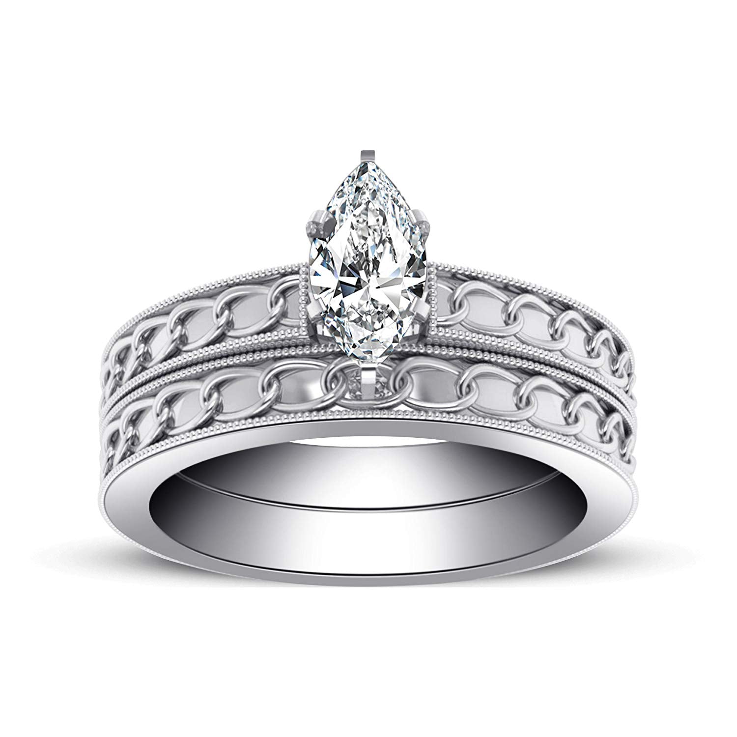 atjewels 14K White Gold Over 925 Silver Marquise Shape White CZ Engagement Ring & Wedding Band Set For Women's MOTHER'S DAY SPECIAL OFFER - atjewels.in