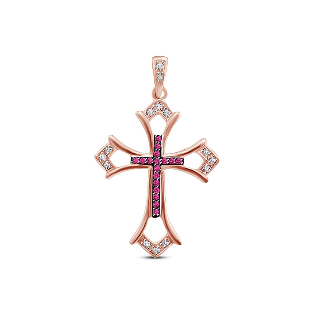 atjewels 14K Gold Over 925 Sterling Silver Round White and Pink Sapphire Cross Pendant Without Chain (Rose Gold Plated) MOTHER'S DAY SPECIAL OFFER - atjewels.in
