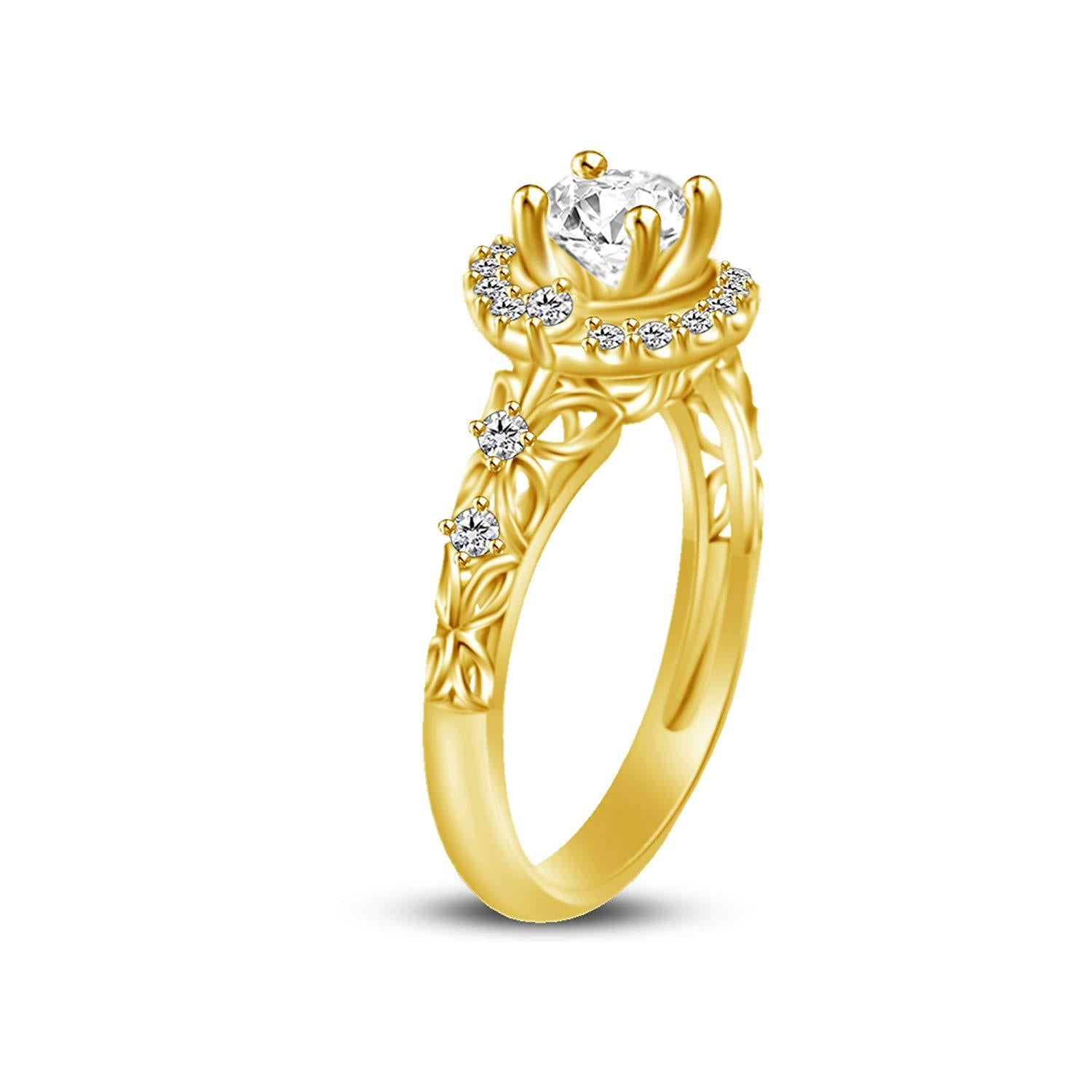 0.87 CT 14K Yellow Gold Over 925 Sterling Silver Round Cut White Cubic Zirconia Diamond Engagement Ring - atjewels.in