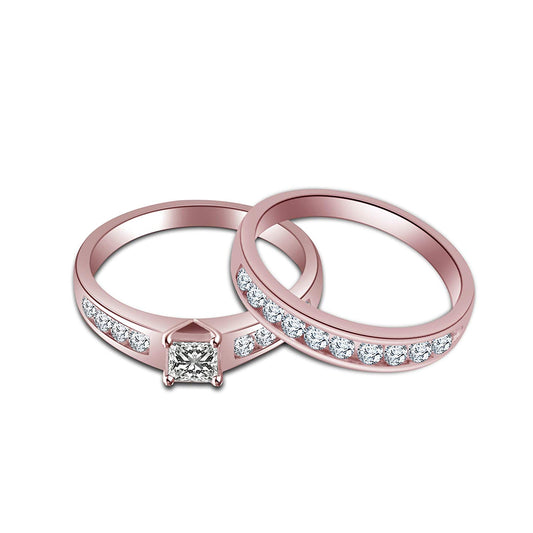 atjewels 14K Rose Gold Plated on 925 Sterling Silver Princess & Round White Zirconia Bridal Ring Set Size US 6 MOTHER'S DAY SPECIAL OFFER - atjewels.in