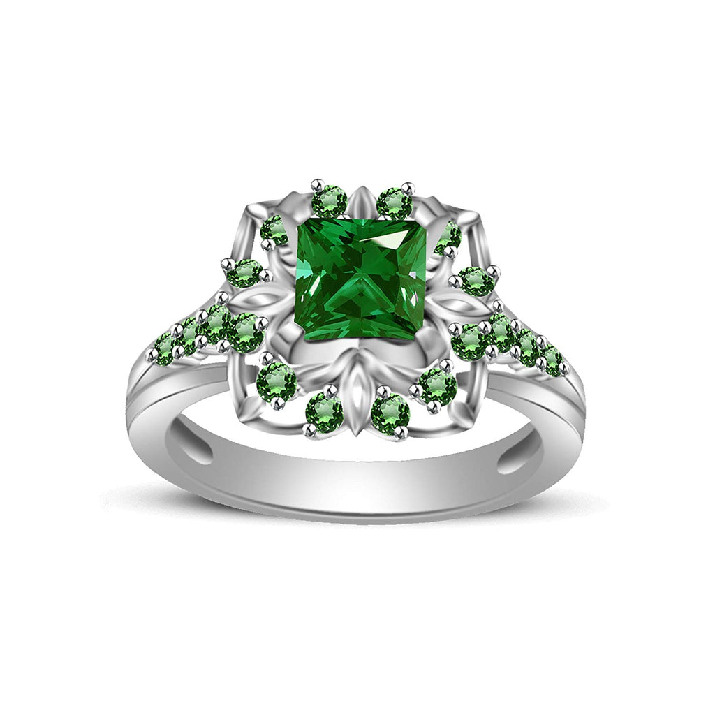 atjewels Princess & Round Cut Green Emerald .925 Sterling Silver Engagement Ring Size 9 For Women's and Girl's MOTHER'S DAY SPECIAL OFFER - atjewels.in