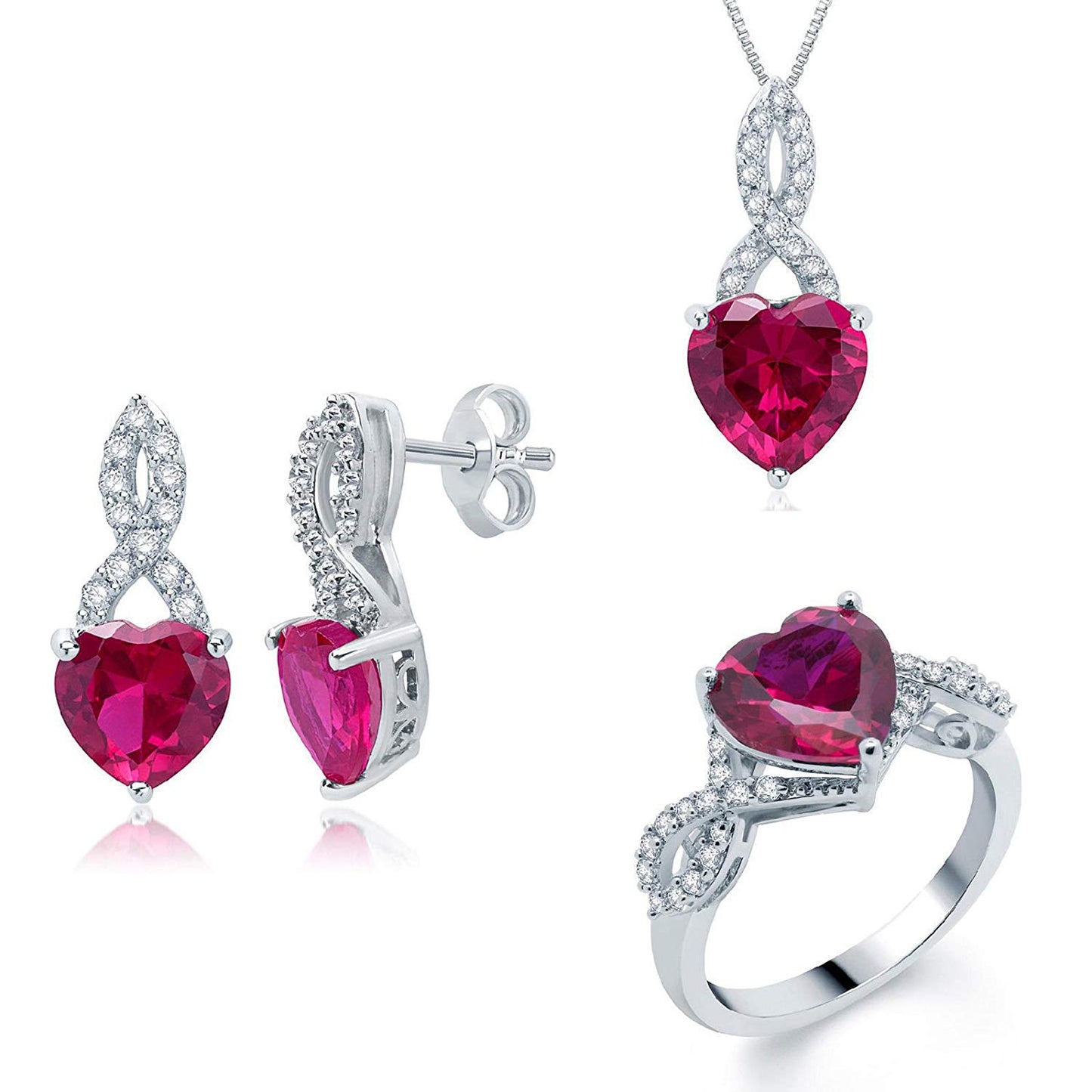 atjewels Heart-shaped & Round Cut Red Ruby & White CZ .925 Sterling Silver Forever Earrings, Ring & Pendant Jewelry Set For Women's/Girl's For Ganesh Chaturthi Special - atjewels.in