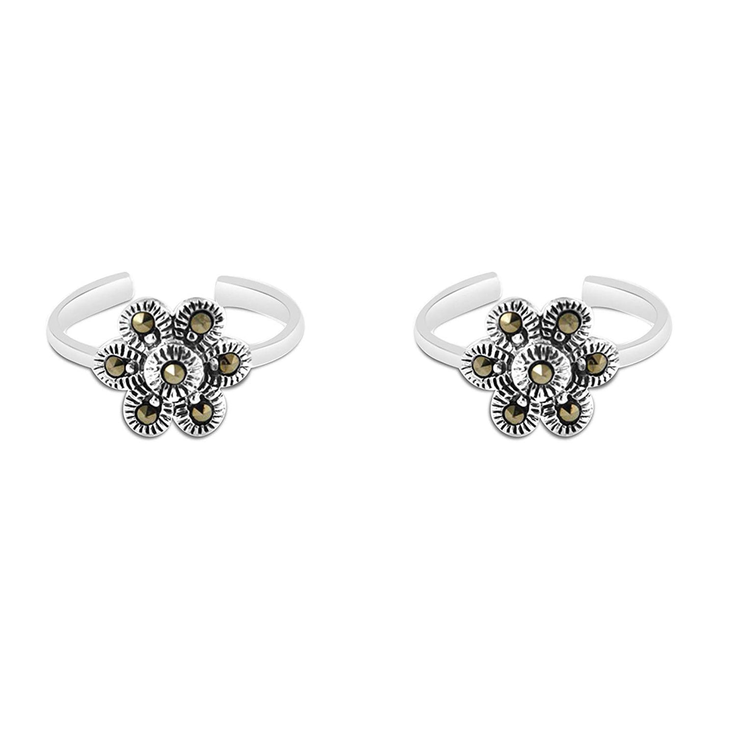 atjewels Round Marcasite .925 Sterling Silver Flower Adjustable ToeRing For Women's and Girls - atjewels.in