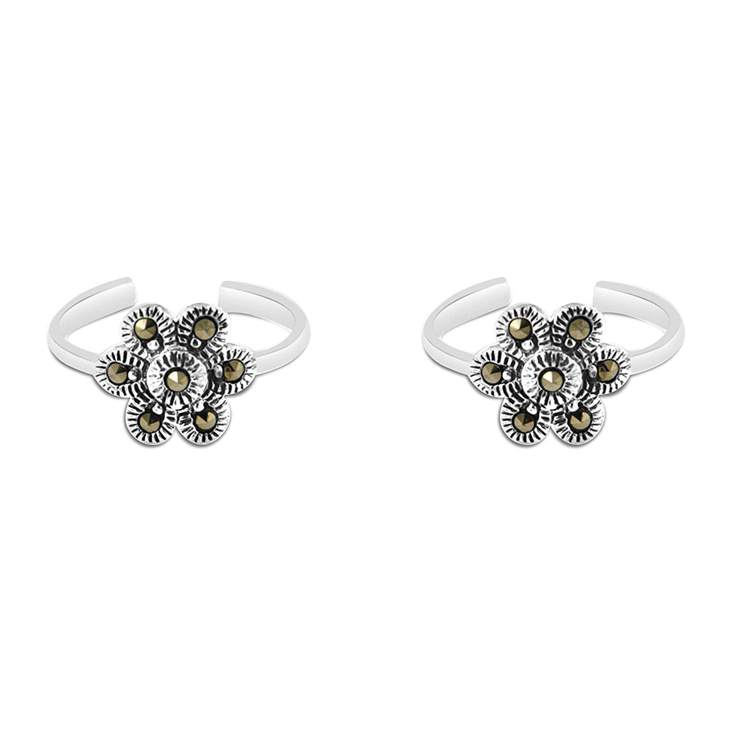 atjewels Round Marcasite .925 Sterling Silver Flower Adjustable ToeRing For Women's and Girls - atjewels.in
