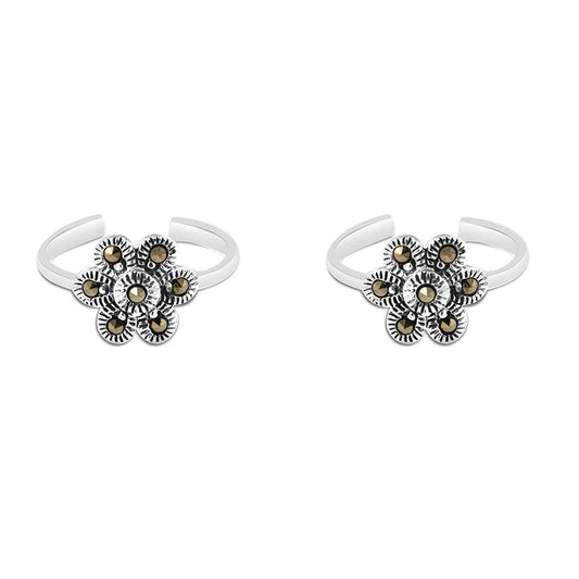 atjewels Round Marcasite .925 Sterling Silver Flower Adjustable ToeRing For Women's and Girls - atjewels.in