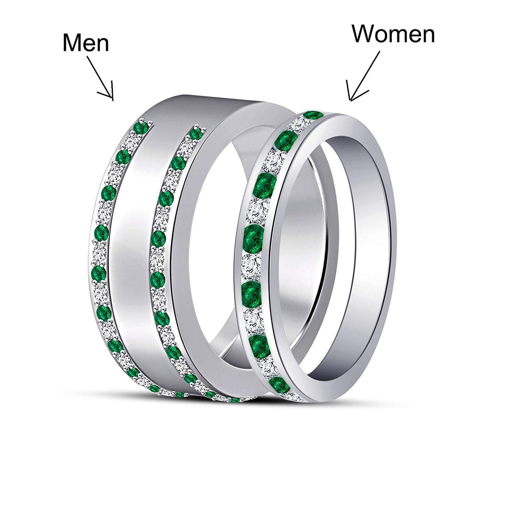 18K White Gold On 925 Sterling Green Emerald and White CZ HIS & HER Wedding Band Ring Set MOTHER'S DAY SPECIAL OFFER - atjewels.in