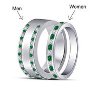 18K White Gold On 925 Sterling Green Emerald and White CZ HIS & HER Wedding Band Ring Set MOTHER'S DAY SPECIAL OFFER - atjewels.in