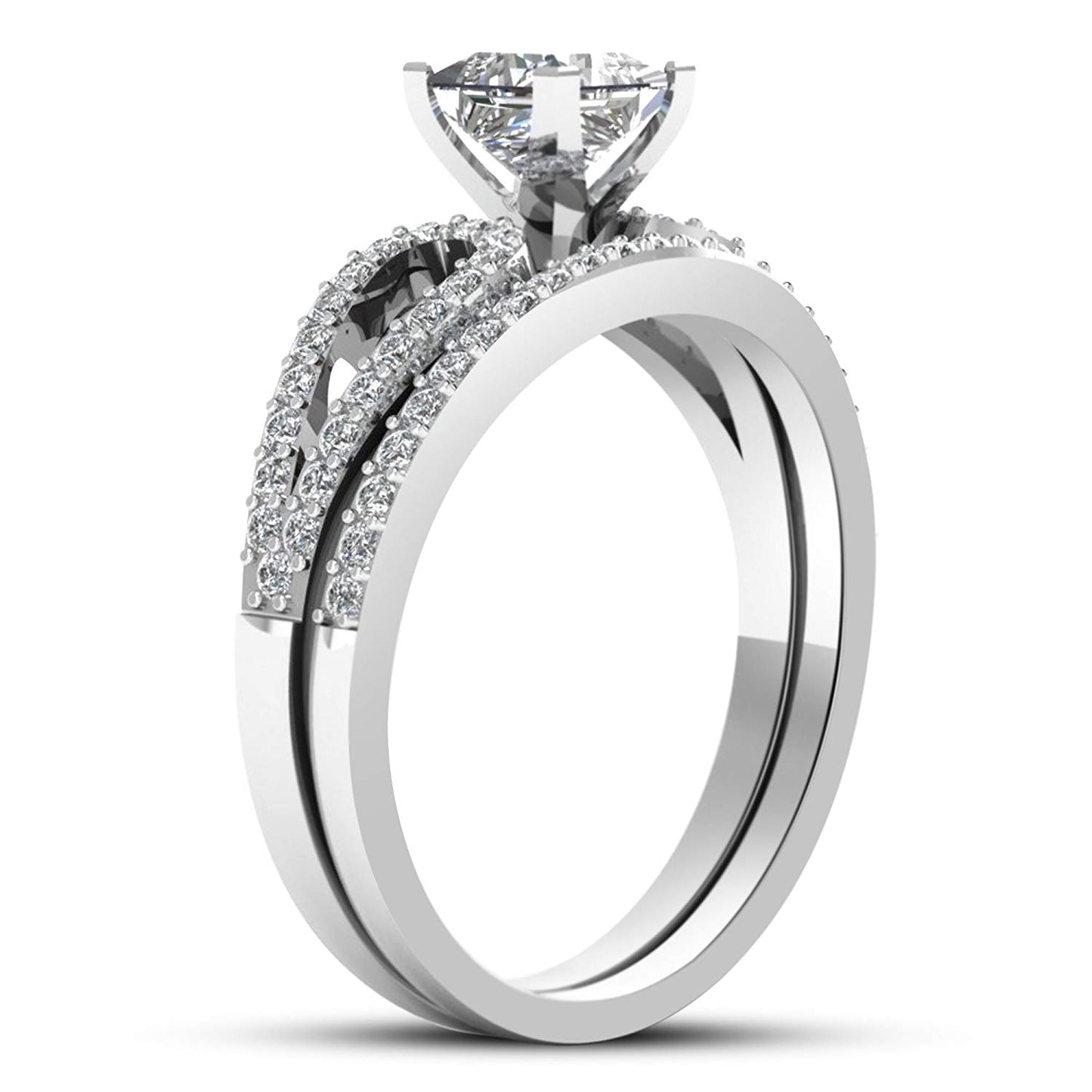 atjewels 14K White Gold Plated on 925 Sterling Silver Princess and Round Zirconia Engagement Bridal Ring Set MOTHER'S DAY SPECIAL OFFER - atjewels.in