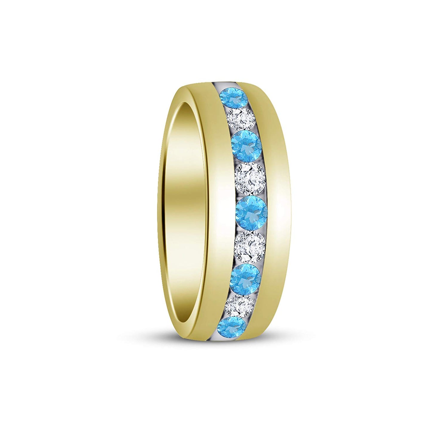 atjewels Round Cut Aquamarine & White CZ 14k Yellow Gold Over .925 Sterling Silver Wedding Band Ring For Women's and Girl's For Diwali Special - atjewels.in