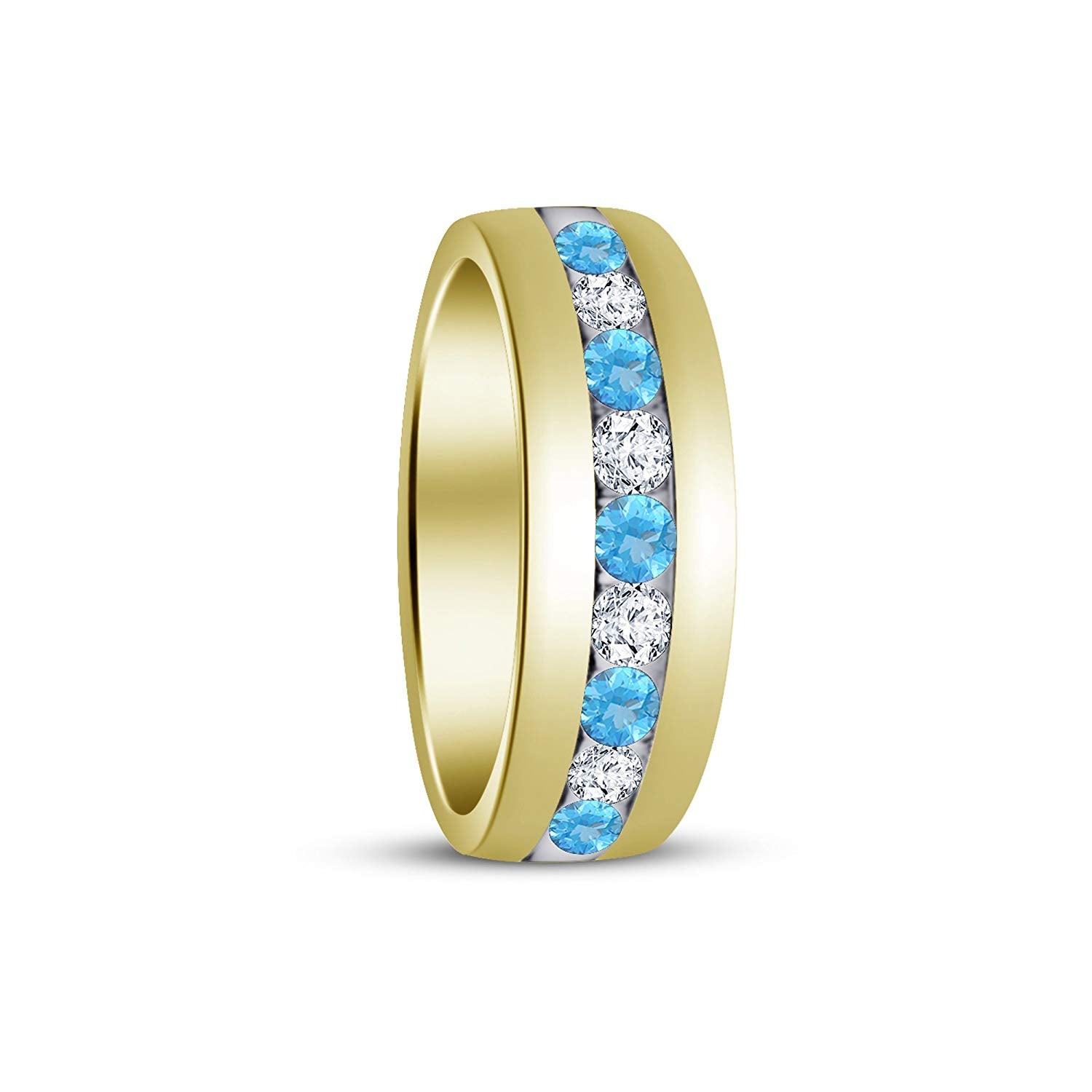 atjewels Round Cut Aquamarine & White CZ 14k Yellow Gold Over .925 Sterling Silver Wedding Band Ring For Women's and Girl's For Diwali Special - atjewels.in