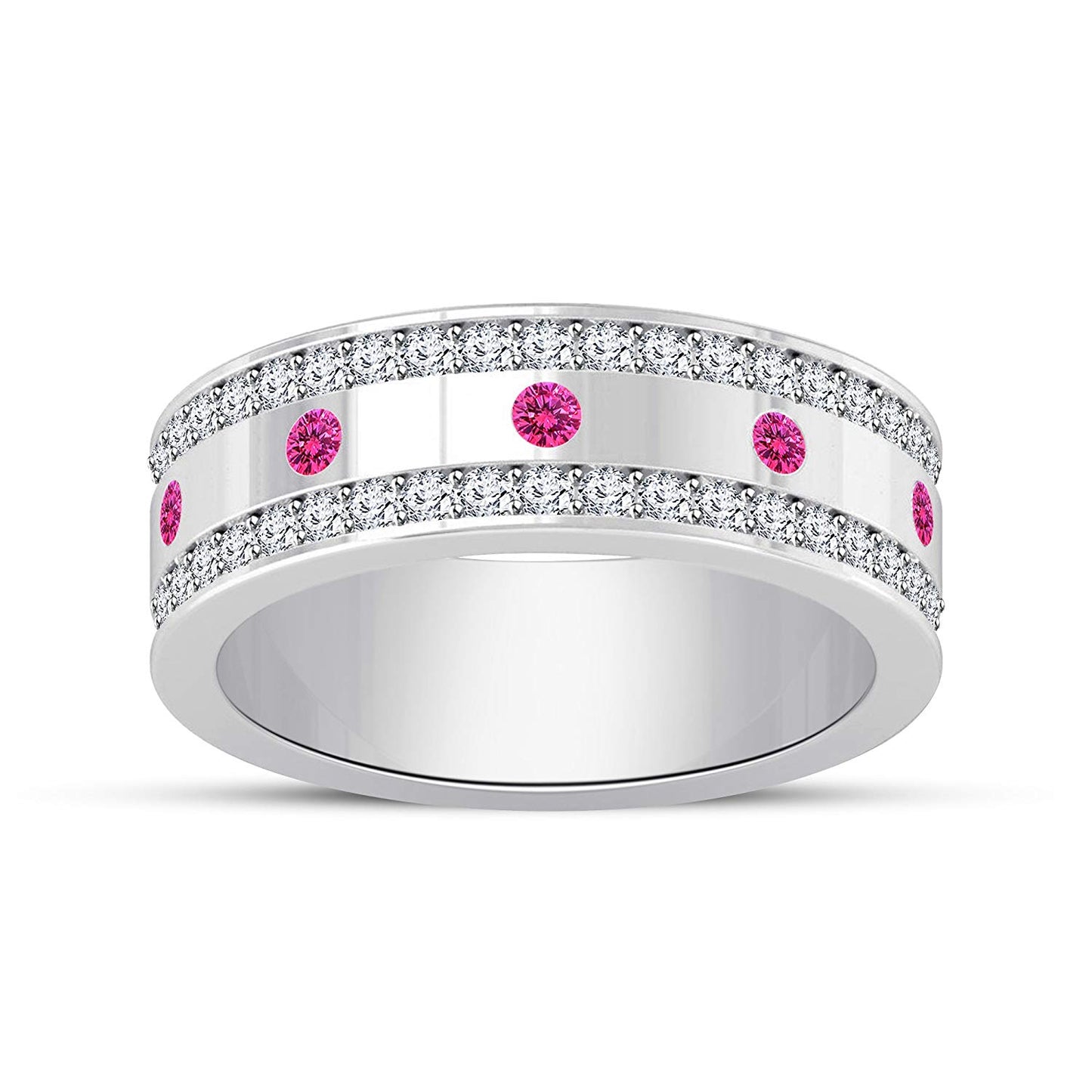 atjewels 14K White Gold Over 925 Sterling Silver Round Pink Sapphire and White CZ Wedding Band Ring MOTHER'S DAY SPECIAL OFFER - atjewels.in