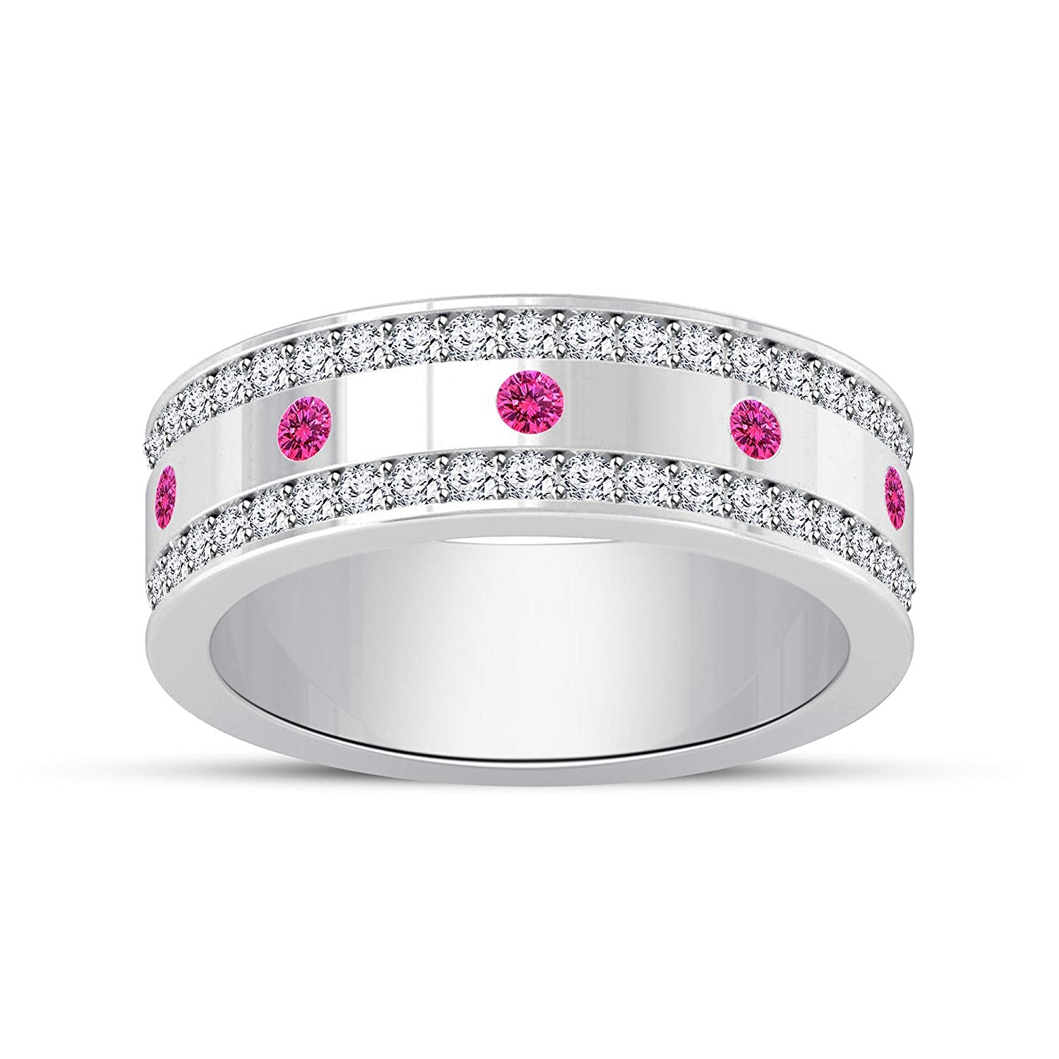 atjewels 14K White Gold Over 925 Sterling Silver Round Pink Sapphire and White CZ Wedding Band Ring MOTHER'S DAY SPECIAL OFFER - atjewels.in