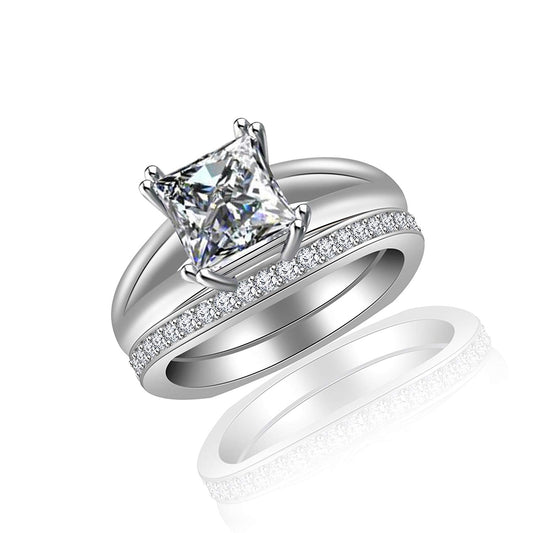 atjewels 14K White Gold Over 925 Silver Princess White CZ Bridal Ring Set For Women MOTHER'S DAY SPECIAL OFFER - atjewels.in