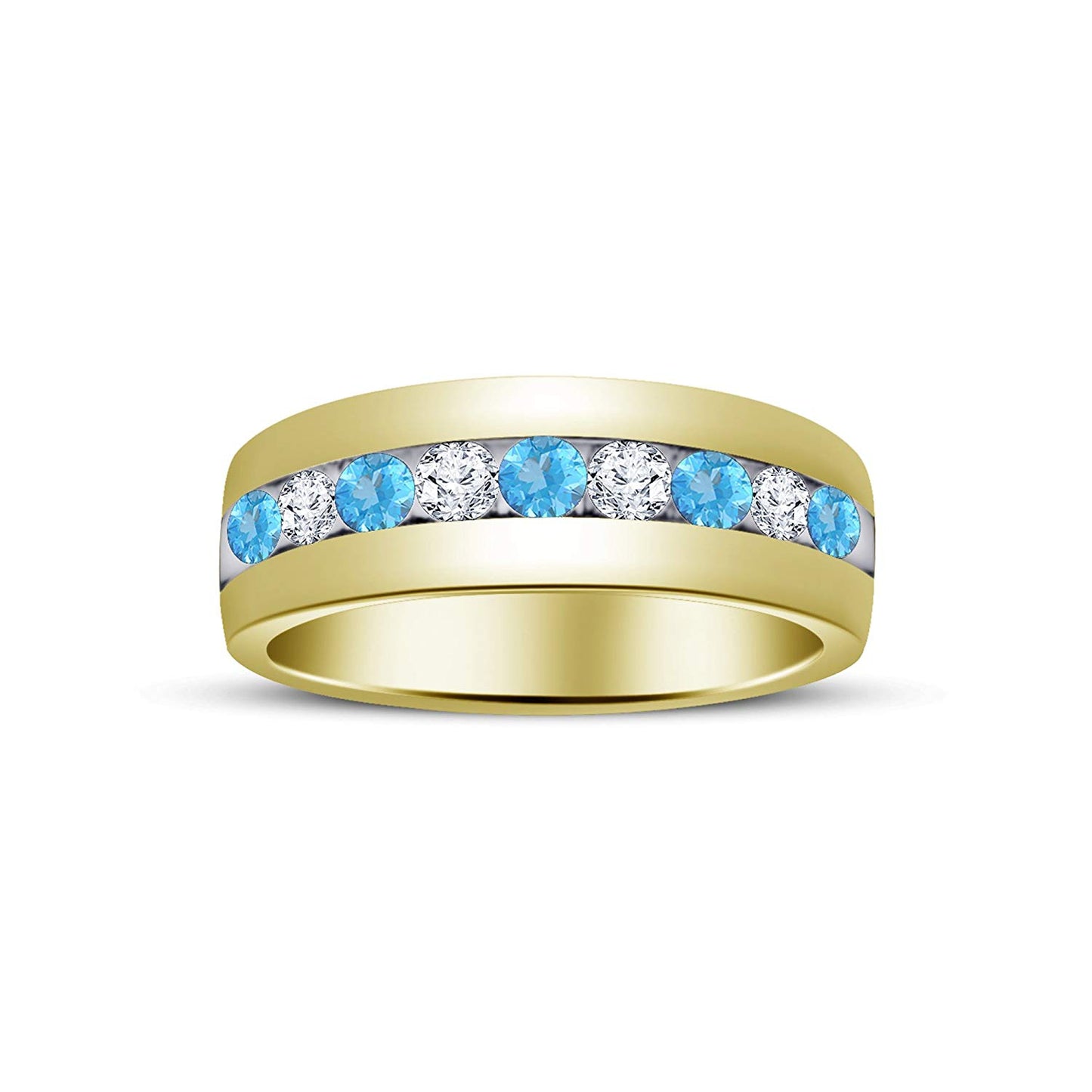 atjewels Round Cut Aquamarine & White CZ 14k Yellow Gold Over .925 Sterling Silver Wedding Band Ring For Women's and Girl's For Diwali Special - atjewels.in