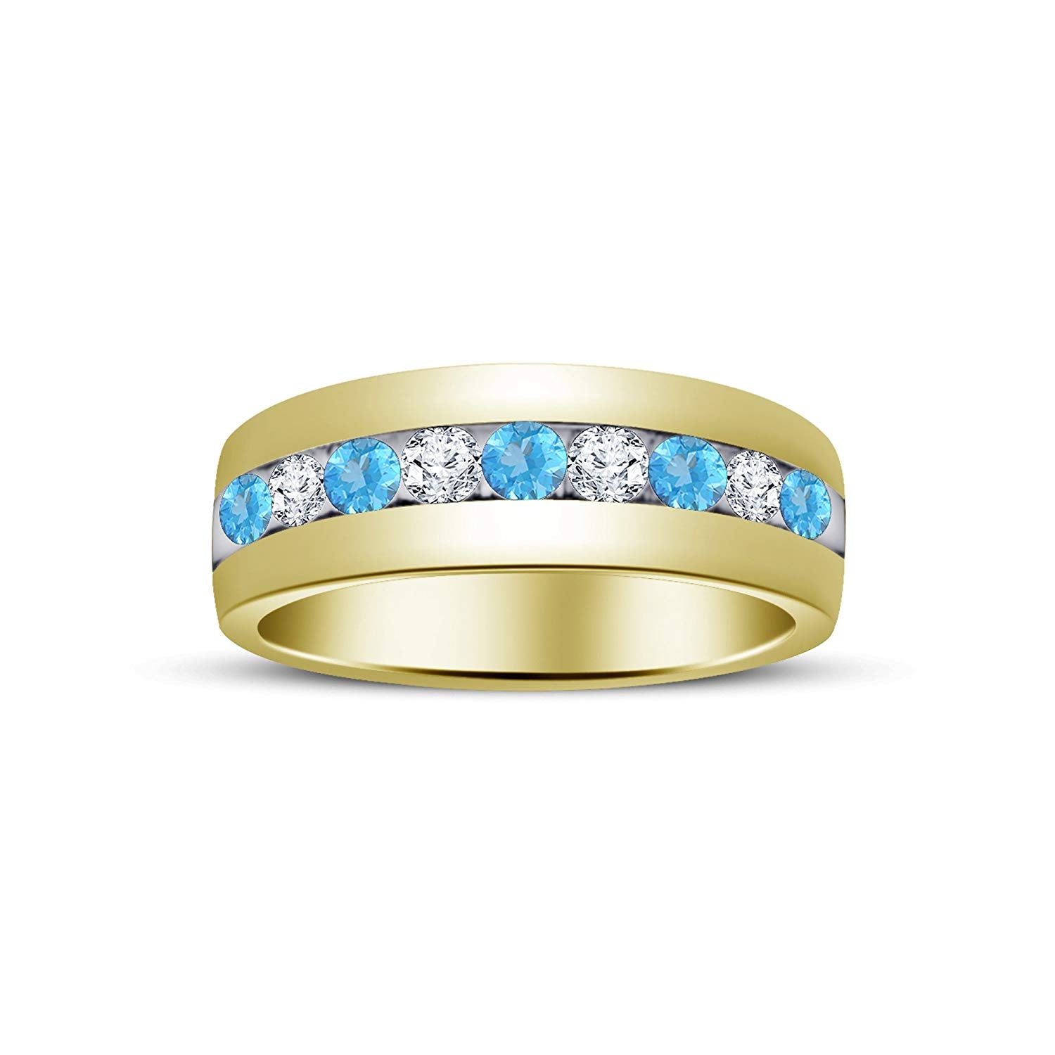atjewels Round Cut Aquamarine & White CZ 14k Yellow Gold Over .925 Sterling Silver Wedding Band Ring For Women's and Girl's For Diwali Special - atjewels.in