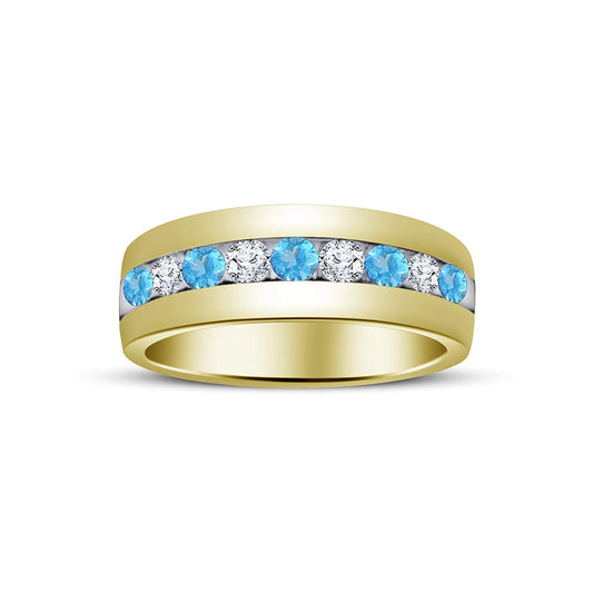 atjewels Round Cut Aquamarine & White CZ 14k Yellow Gold Over .925 Sterling Silver Wedding Band Ring For Women's and Girl's For Diwali Special - atjewels.in