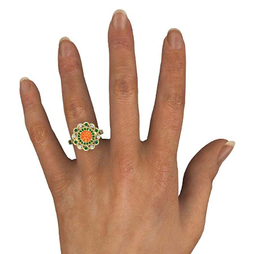 atjewels Round Cut Orange Sapphire, Green Emerald & White CZ 14k Yellow Gold Over .925 Sterling Silver Engagement Flower Ring For Women's and Girl's For Diwali Special - atjewels.in