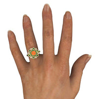 atjewels Round Cut Orange Sapphire, Green Emerald & White CZ 14k Yellow Gold Over .925 Sterling Silver Engagement Flower Ring For Women's and Girl's For Diwali Special - atjewels.in