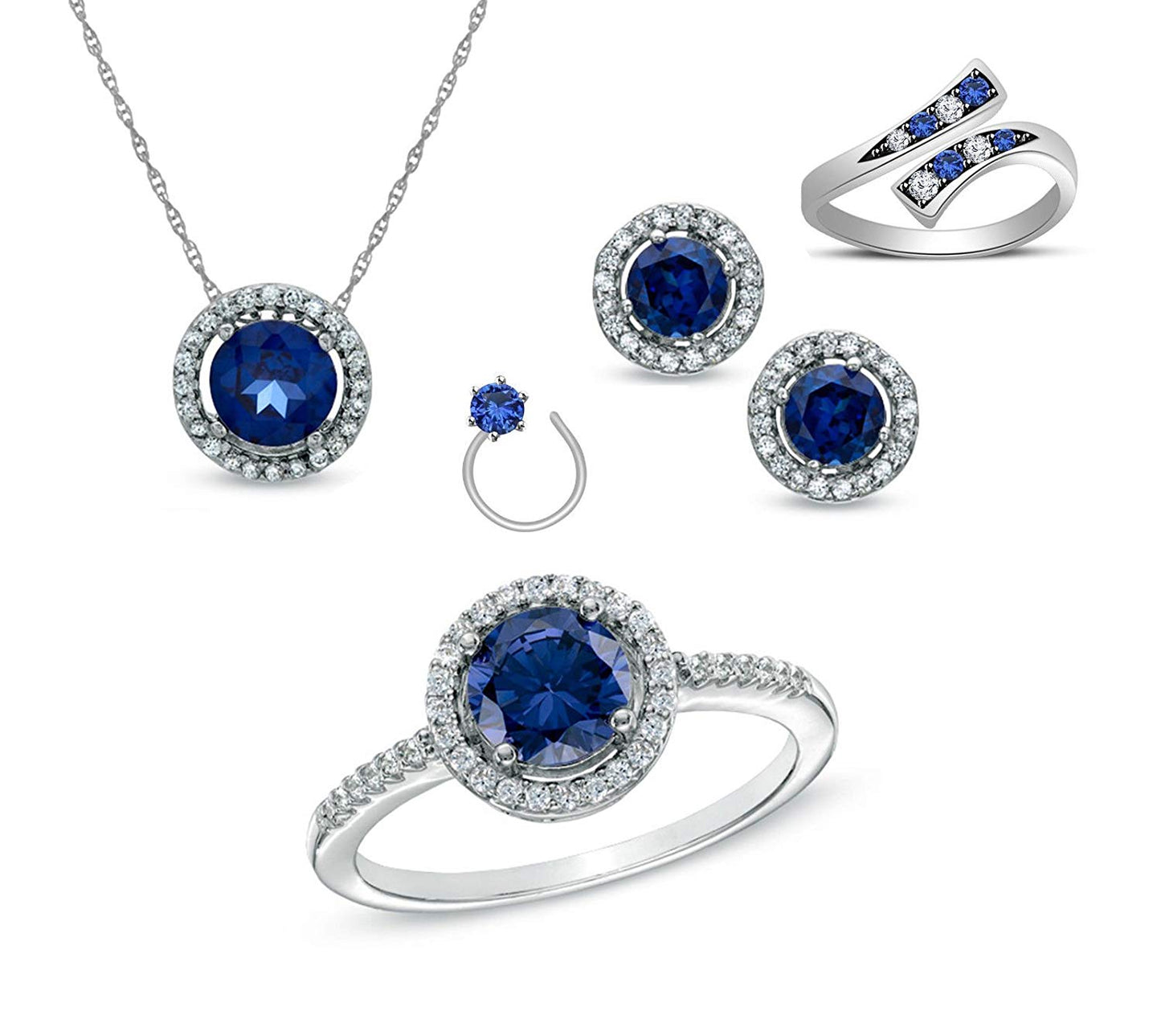 atjewels Round Cut Sapphire & White CZ .925 Sterling Silver Halo Jewelry Set for Girl's & Women's for Navratri Special - atjewels.in