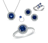 atjewels Round Cut Sapphire & White CZ .925 Sterling Silver Halo Jewelry Set for Girl's & Women's for Navratri Special - atjewels.in