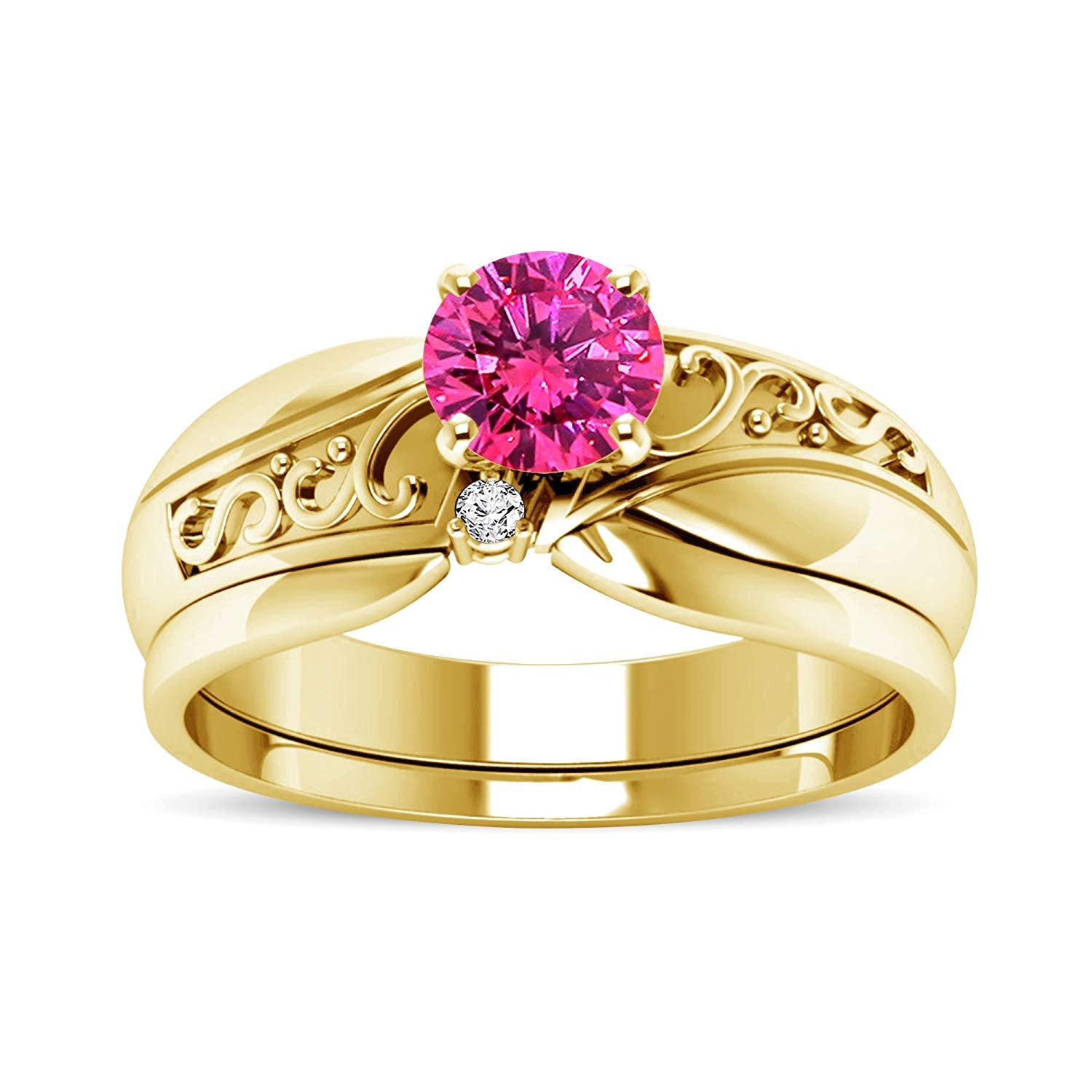atjewels 14K Yellow Gold Over .925 Sterling Silver Round Cut Pink Sapphire & White Simulated Diamond Bridal Ring MOTHER'S DAY SPECIAL OFFER - atjewels.in