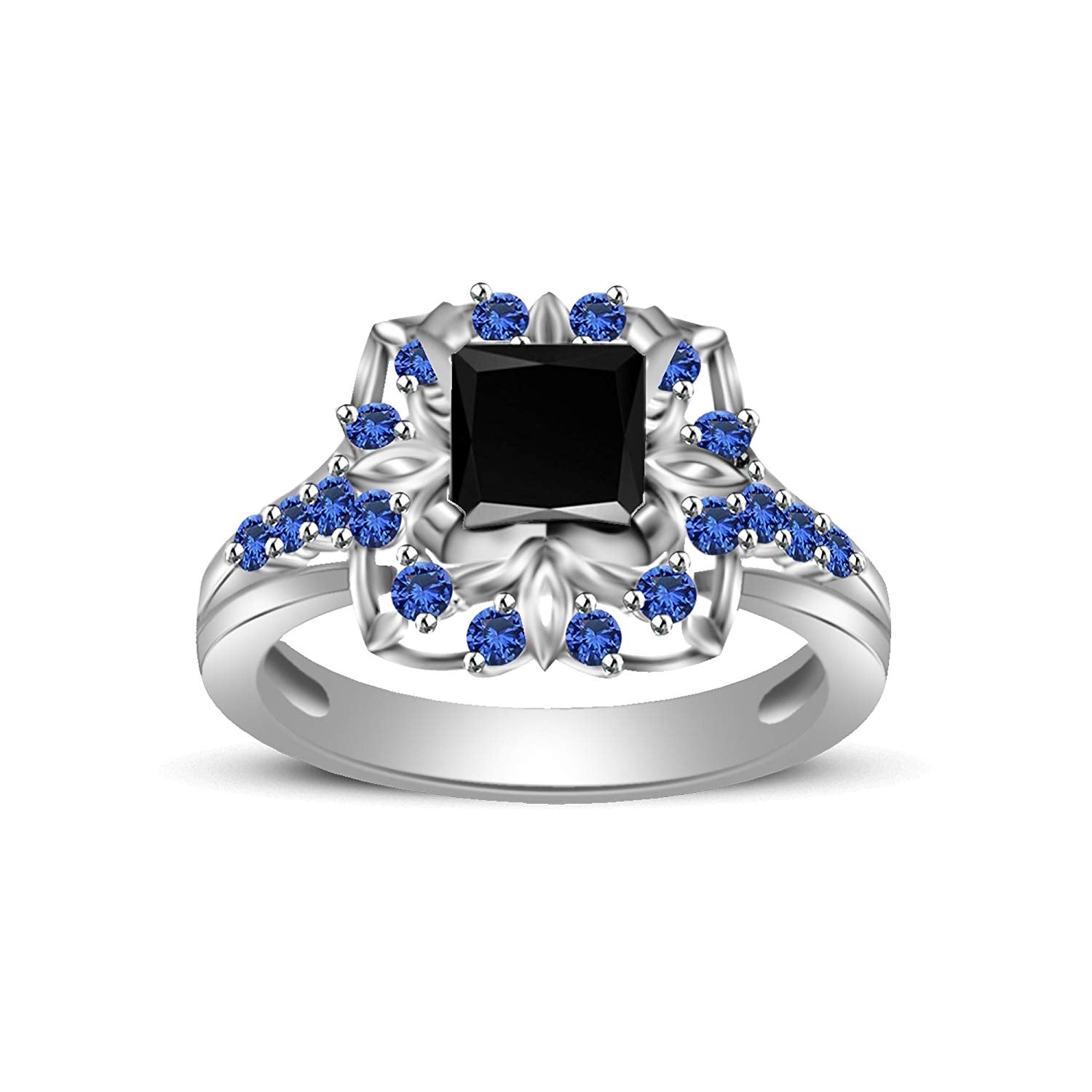 atjewels Princess & Round Cut Black CZ & Blue Sapphire .925 Sterling Silver Engagement Ring For Women's and Girl's MOTHER'S DAY SPECIAL OFFER - atjewels.in