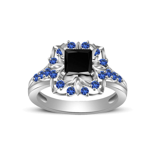 atjewels Princess & Round Cut Black CZ & Blue Sapphire .925 Sterling Silver Engagement Ring For Women's and Girl's MOTHER'S DAY SPECIAL OFFER - atjewels.in