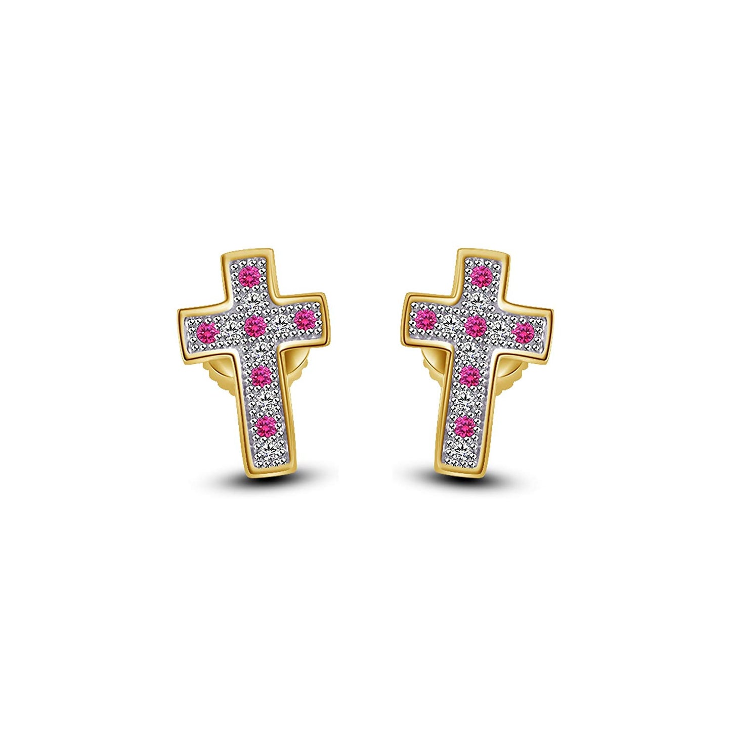 atjewels 14K Yellow Gold Over on .925 Sterling Silver Round Cut Pink Sapphire & White CZ Cross Stud Earrings For Women's MOTHER'S DAY SPECIAL OFFER - atjewels.in