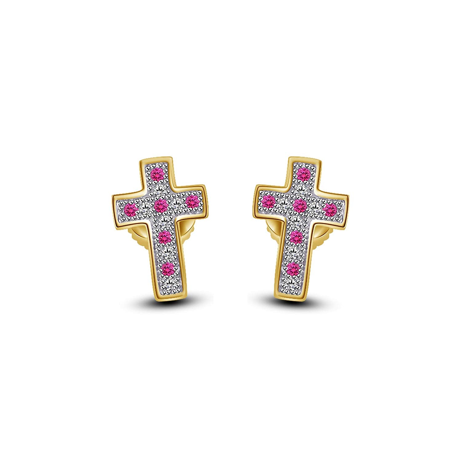 atjewels 14K Yellow Gold Over on .925 Sterling Silver Round Cut Pink Sapphire & White CZ Cross Stud Earrings For Women's MOTHER'S DAY SPECIAL OFFER - atjewels.in