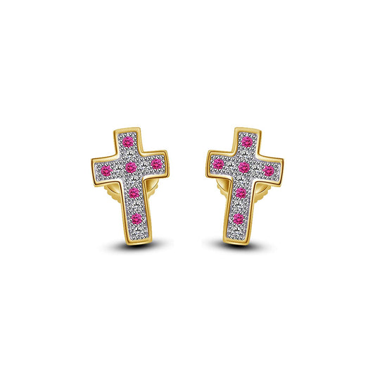 atjewels 14K Yellow Gold Over on .925 Sterling Silver Round Cut Pink Sapphire & White CZ Cross Stud Earrings For Women's MOTHER'S DAY SPECIAL OFFER - atjewels.in