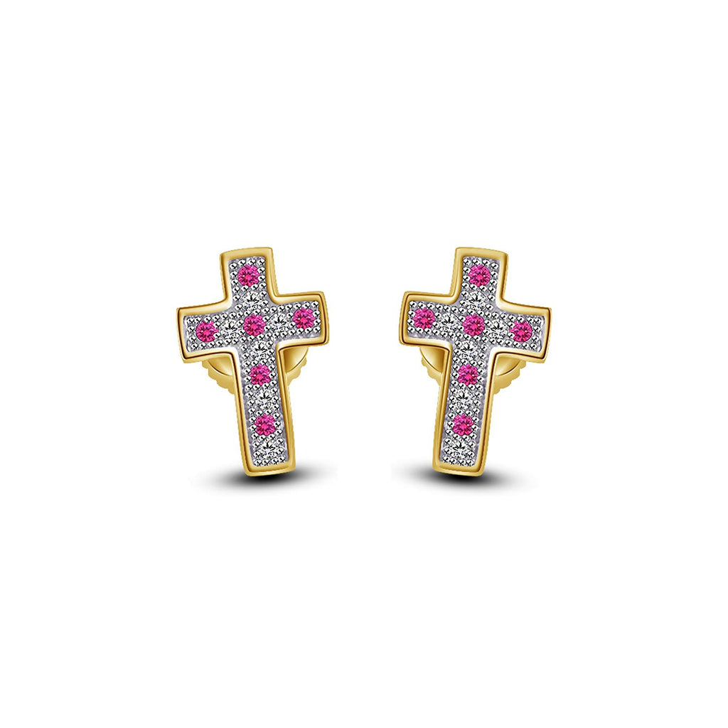 atjewels 14K Yellow Gold Over on .925 Sterling Silver Round Cut Pink Sapphire & White CZ Cross Stud Earrings For Women's MOTHER'S DAY SPECIAL OFFER - atjewels.in