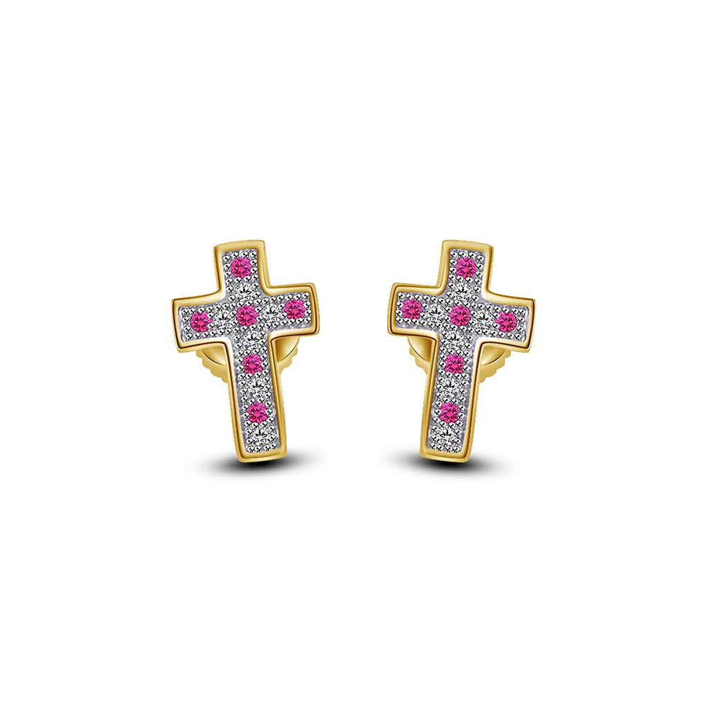 atjewels 14K Yellow Gold Over on .925 Sterling Silver Round Cut Pink Sapphire & White CZ Cross Stud Earrings For Women's MOTHER'S DAY SPECIAL OFFER - atjewels.in