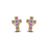 atjewels 14K Yellow Gold Over on .925 Sterling Silver Round Cut Pink Sapphire & White CZ Cross Stud Earrings For Women's MOTHER'S DAY SPECIAL OFFER - atjewels.in