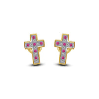 atjewels 14K Yellow Gold Over on .925 Sterling Silver Round Cut Pink Sapphire & White CZ Cross Stud Earrings For Women's MOTHER'S DAY SPECIAL OFFER - atjewels.in