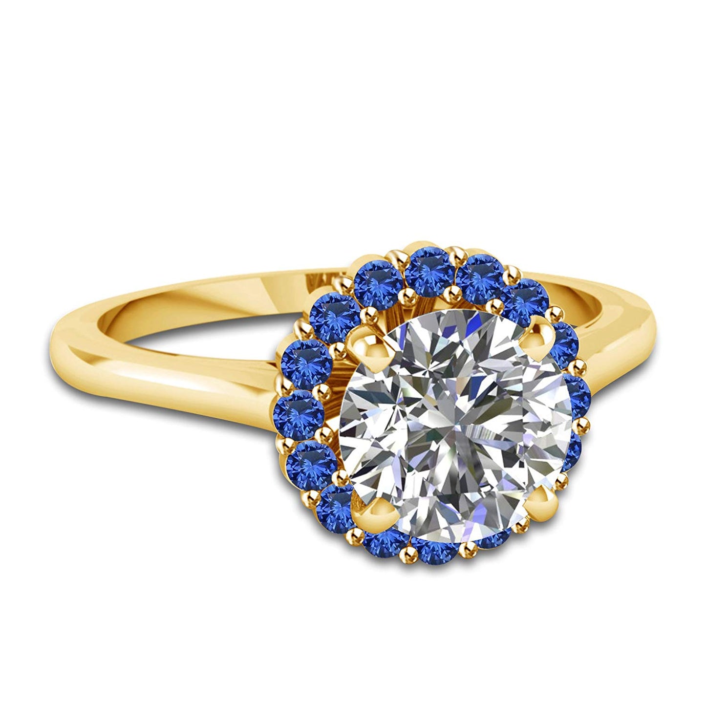 atjewels 14K Yellow Gold Over Sterling Silver in White CZ and Blue Sapphire Solitaire With Accents Ring For Women's MOTHER'S DAY SPECIAL OFFER - atjewels.in
