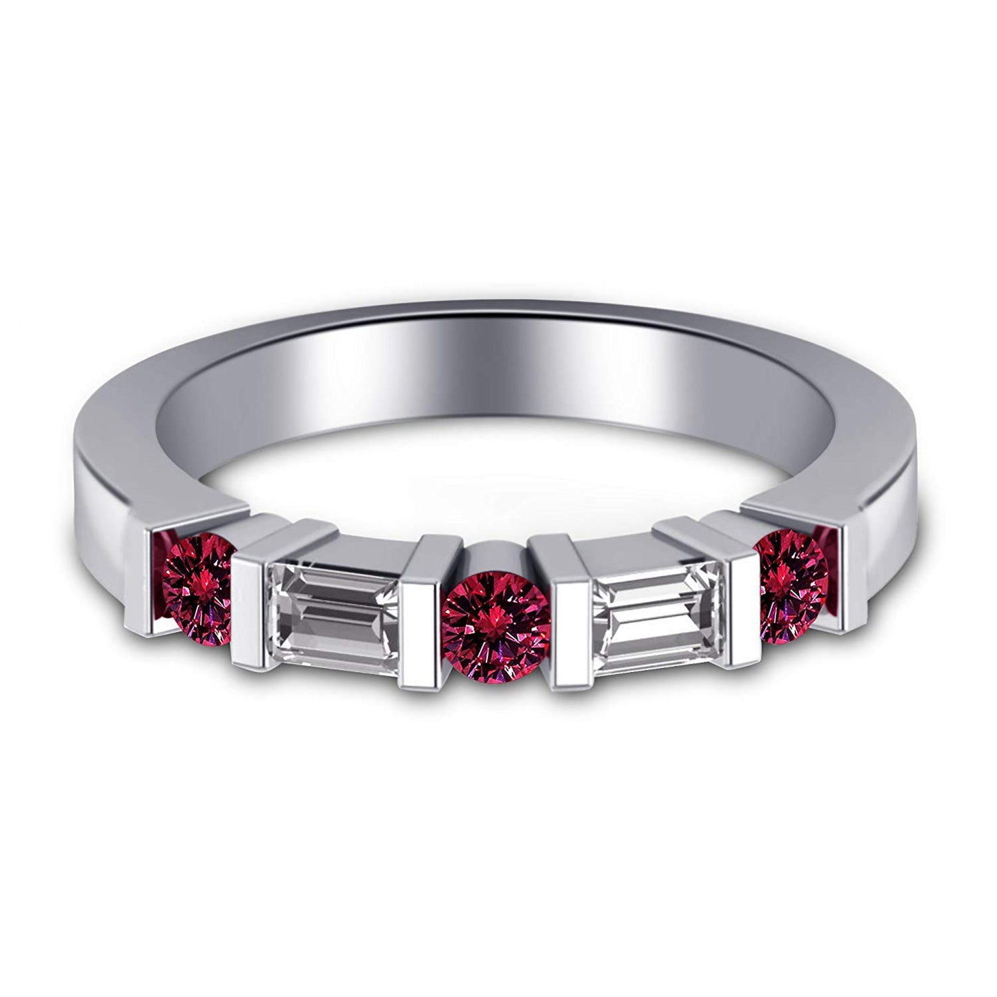 atjewels 14K White Gold Over .925 Silver Pink and White Baguette cut Wedding Bar Band Ring Free Size MOTHER'S DAY SPECIAL OFFER - atjewels.in