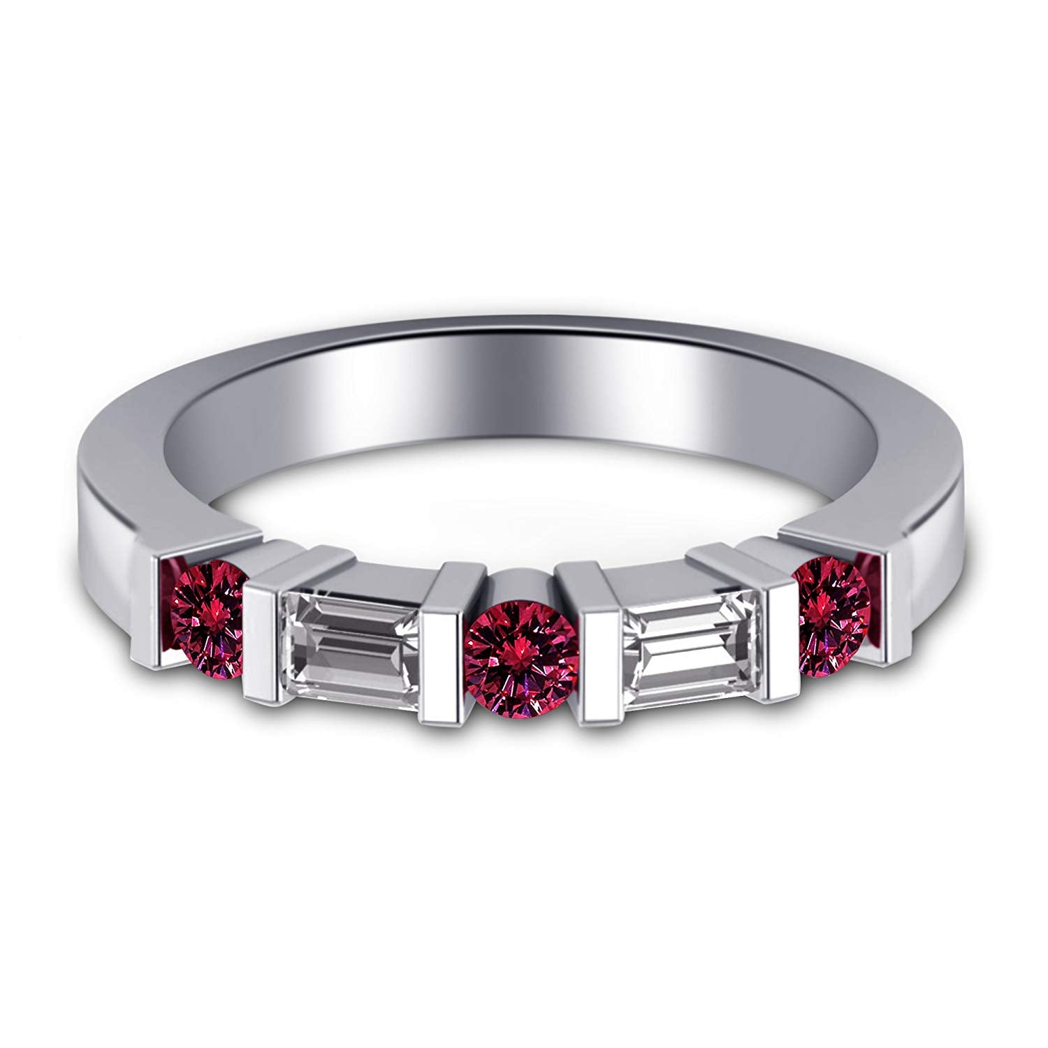 atjewels 14K White Gold Over .925 Silver Pink and White Baguette cut Wedding Bar Band Ring Free Size MOTHER'S DAY SPECIAL OFFER - atjewels.in