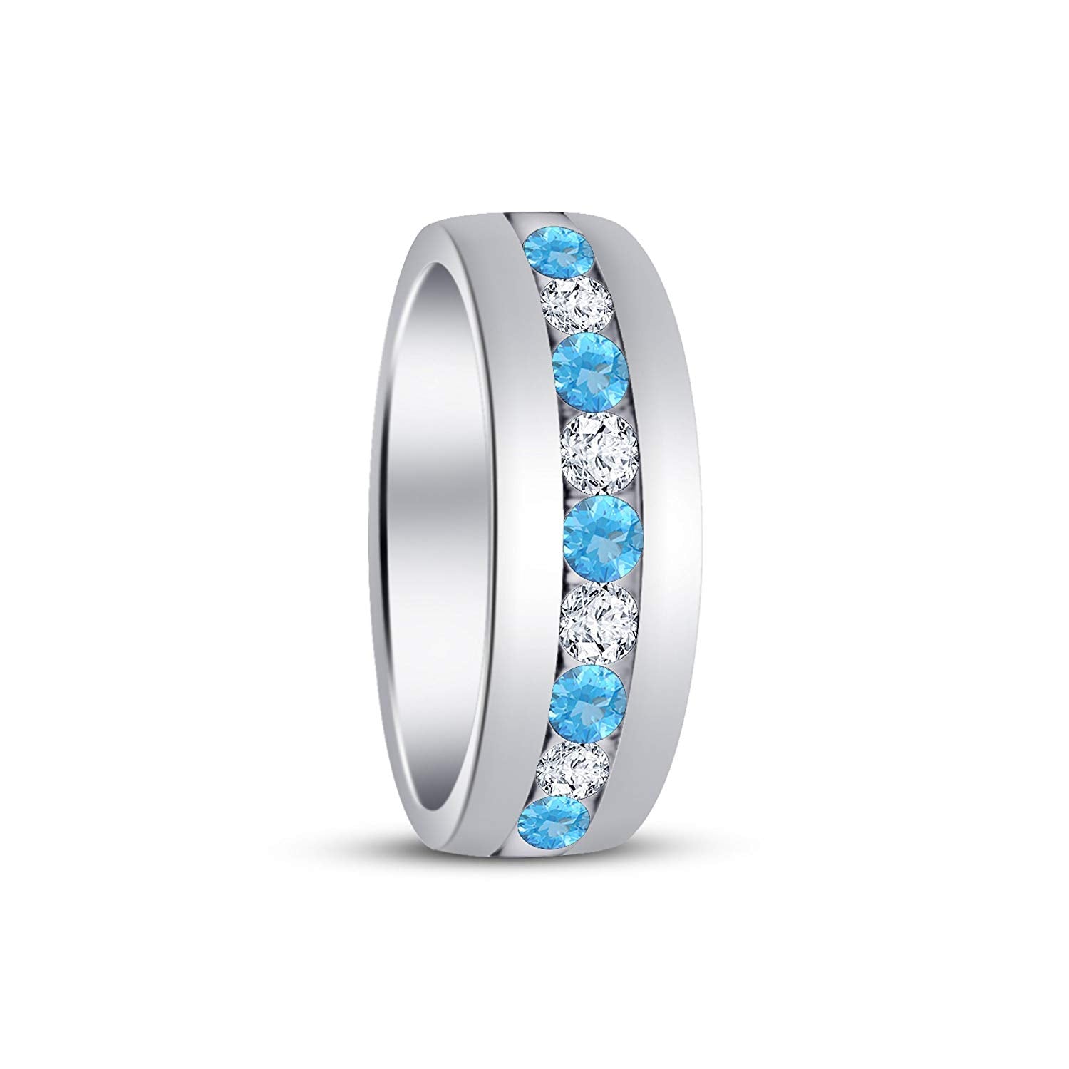 atjewels Round Cut Aquamarine & White CZ .925 Sterling Silver Wedding Band Ring For Women's and Girl's For Diwali Special - atjewels.in