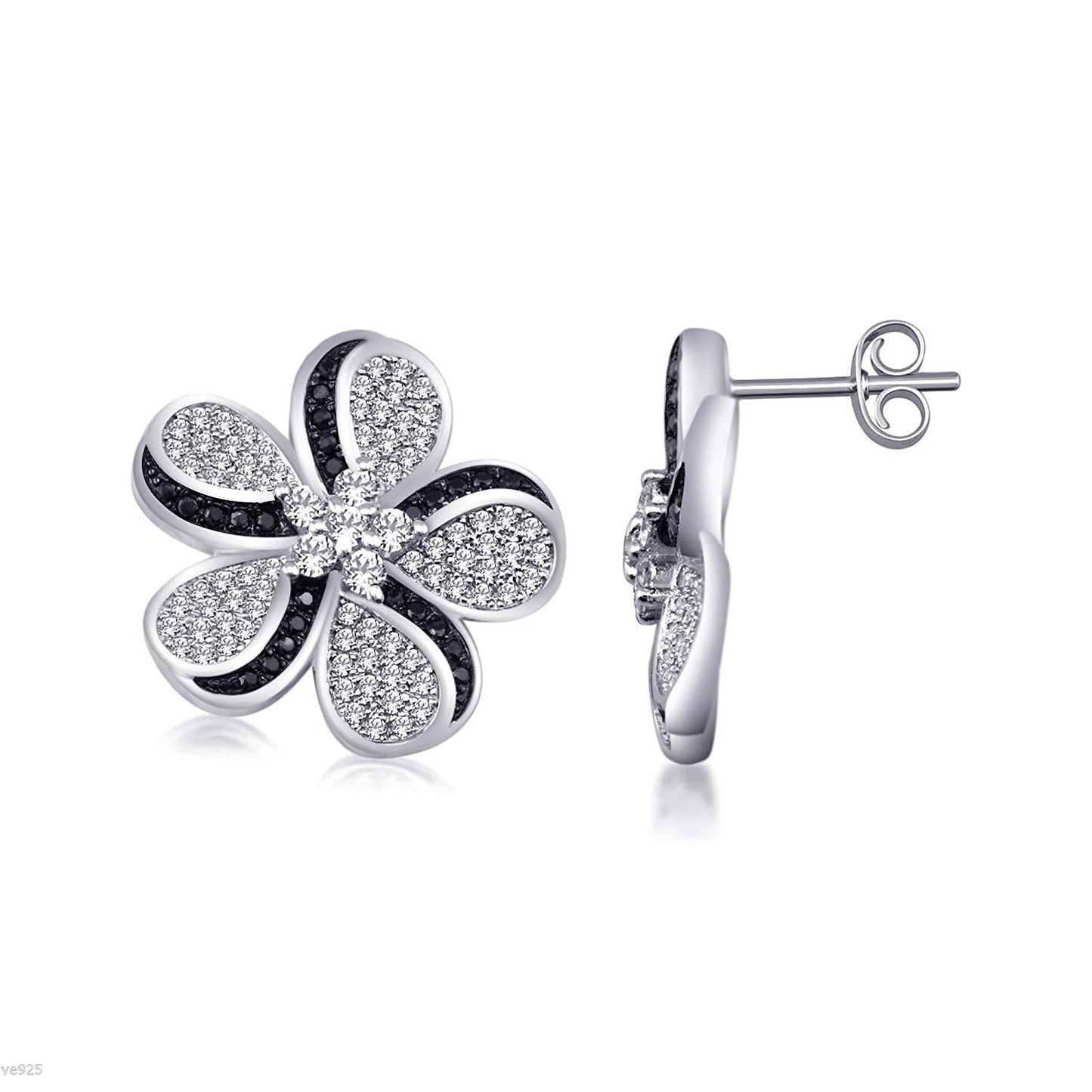 atjewels 18K White Gold Over Sterling Silver Round Cut White & Black CZ Stylish Flower Stud Earrings MOTHER'S DAY SPECIAL OFFER - atjewels.in