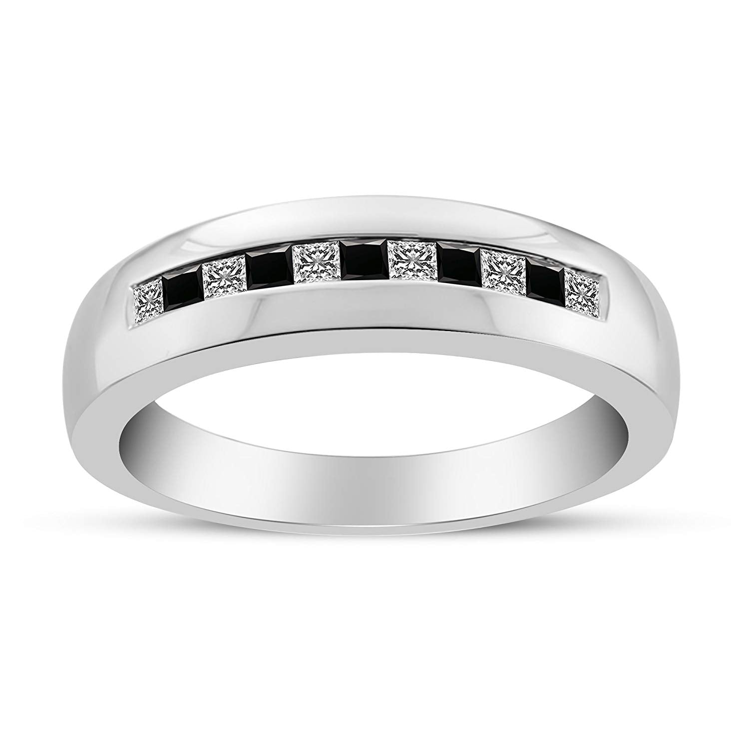 atjewels 18K White Gold Over 925 Sterling Princess Cut White and Black Cubic Zirconia Wedding Band Ring MOTHER'S DAY SPECIAL OFFER - atjewels.in