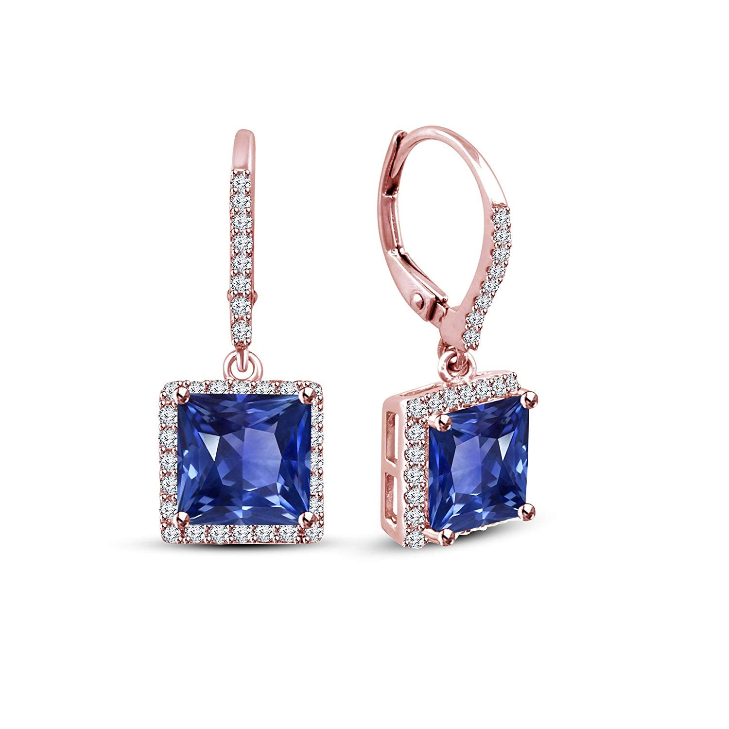 atjewels Princess Sapphire & White Round CZ in 14K Rose Gold Over Sterling 925 Dangle Earrings For Women/Girls MOTHER'S DAY SPECIAL OFFER - atjewels.in