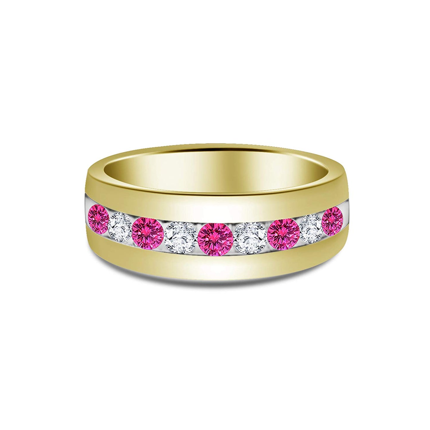 atjewels Round Cut Pink Sapphire & White CZ 14k Yellow Gold Over .925 Sterling Silver Wedding Band Ring For Women's and Girl's For Diwali Special - atjewels.in