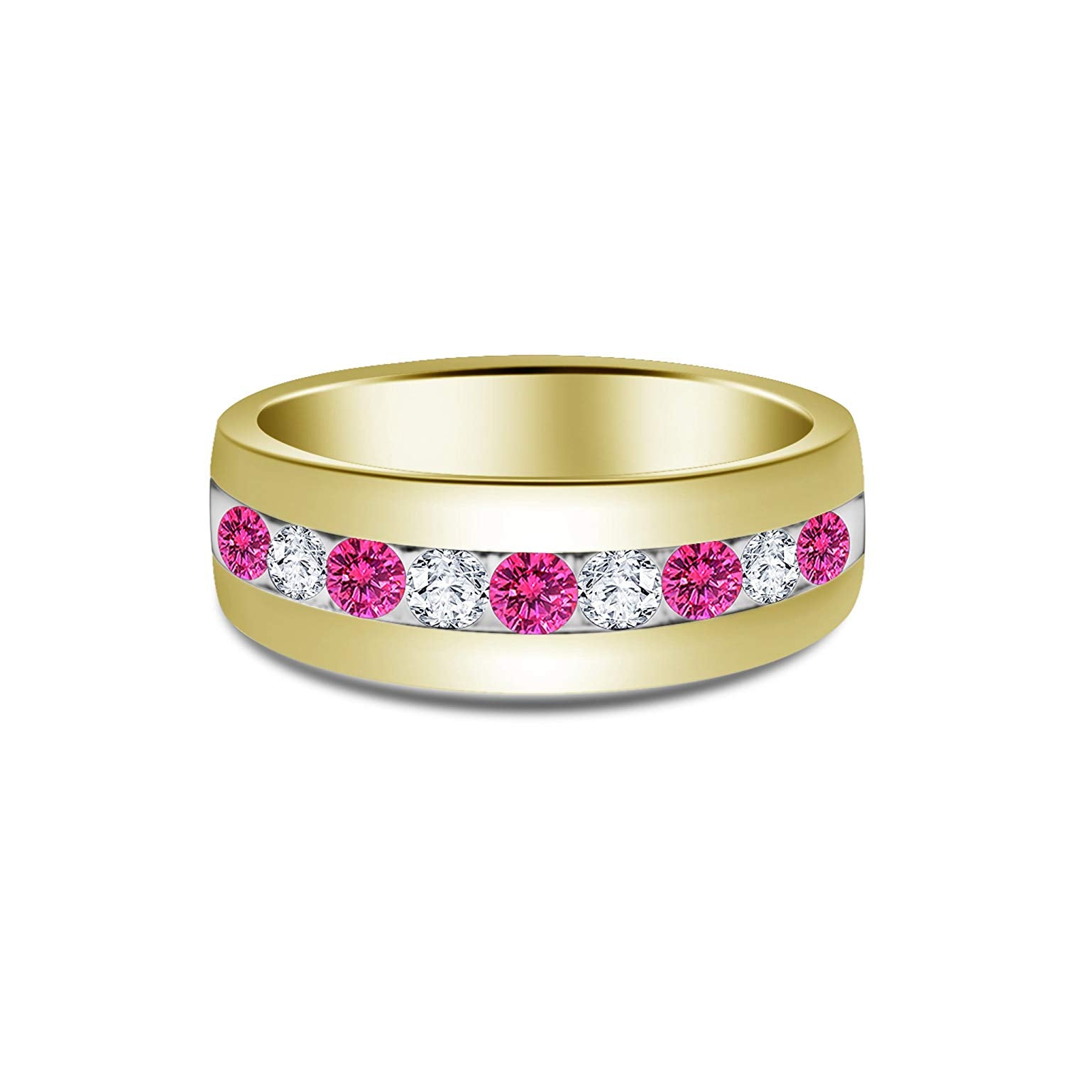 atjewels Round Cut Pink Sapphire & White CZ 14k Yellow Gold Over .925 Sterling Silver Wedding Band Ring For Women's and Girl's For Diwali Special - atjewels.in