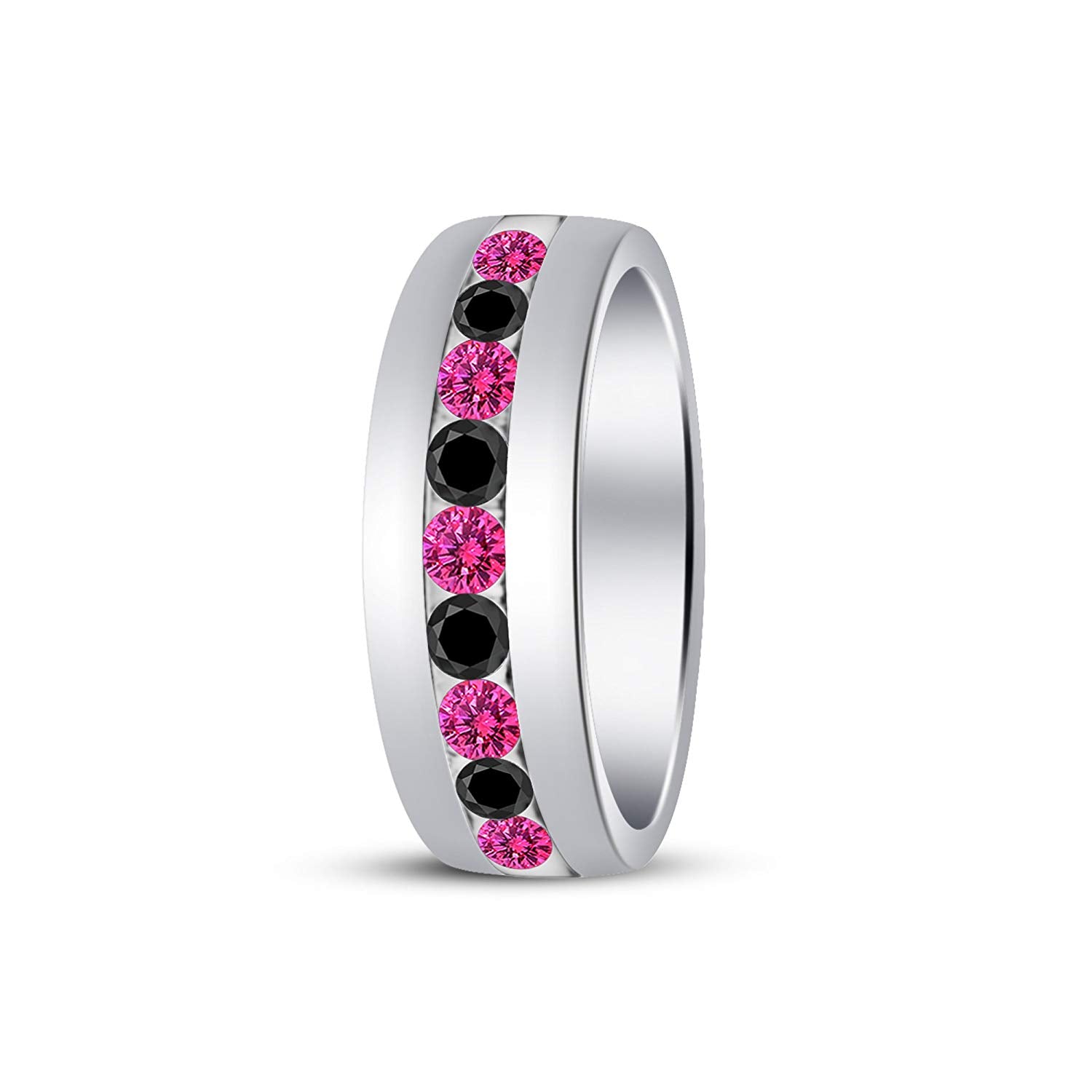atjewels Round Cut Pink Sapphire & Black CZ .925 Sterling Silver Wedding Band Ring For Women's and Girl's For Diwali Special - atjewels.in