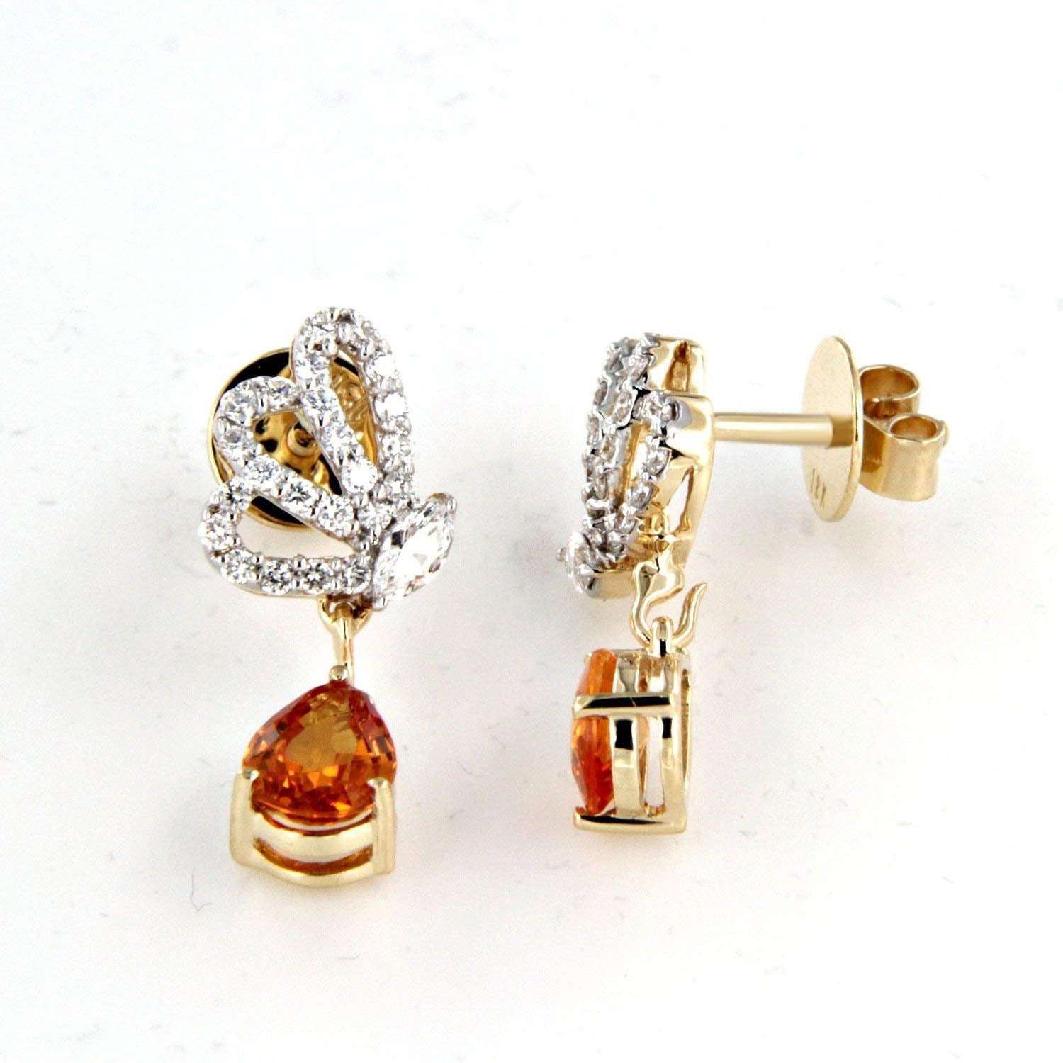 atjewels Pear Shaped Orange Sapphire and White Diamond Dangle Earrings in 18k Yellow Gold Plated 925 Silver MOTHER'S DAY SPECIAL OFFER - atjewels.in