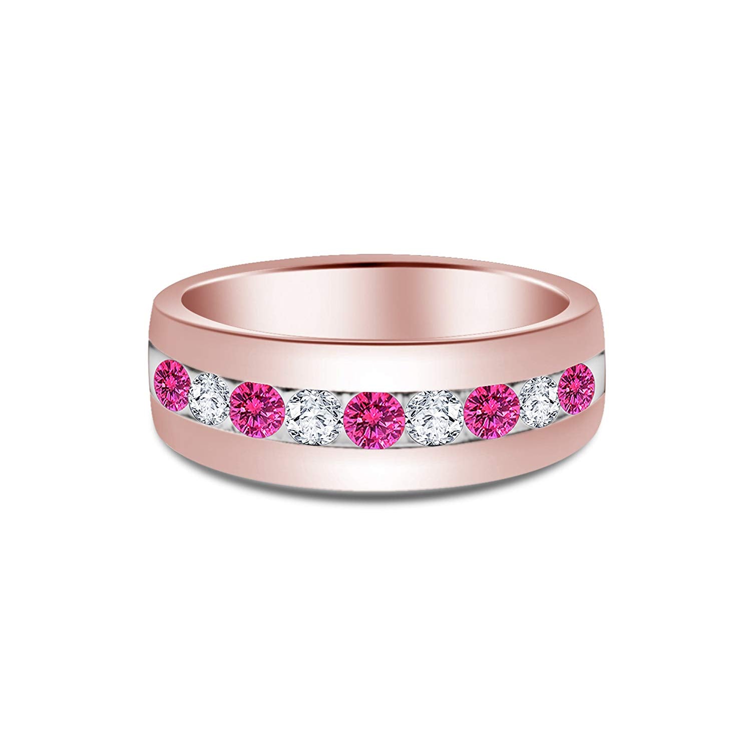 atjewels Round Cut Pink Sapphire & White CZ 14k Rose Gold Over .925 Sterling Silver Wedding Band Ring For Women's and Girl's For Diwali Special - atjewels.in