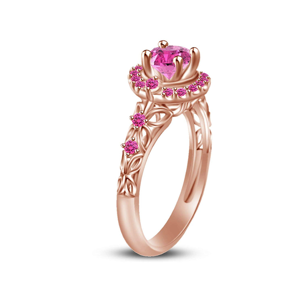 0.87 CT 14K Rose Gold Over 925 Sterling Silver Round Cut Pink Sapphire Princess Solitaire With Accents Engagement Wedding Ring - atjewels.in