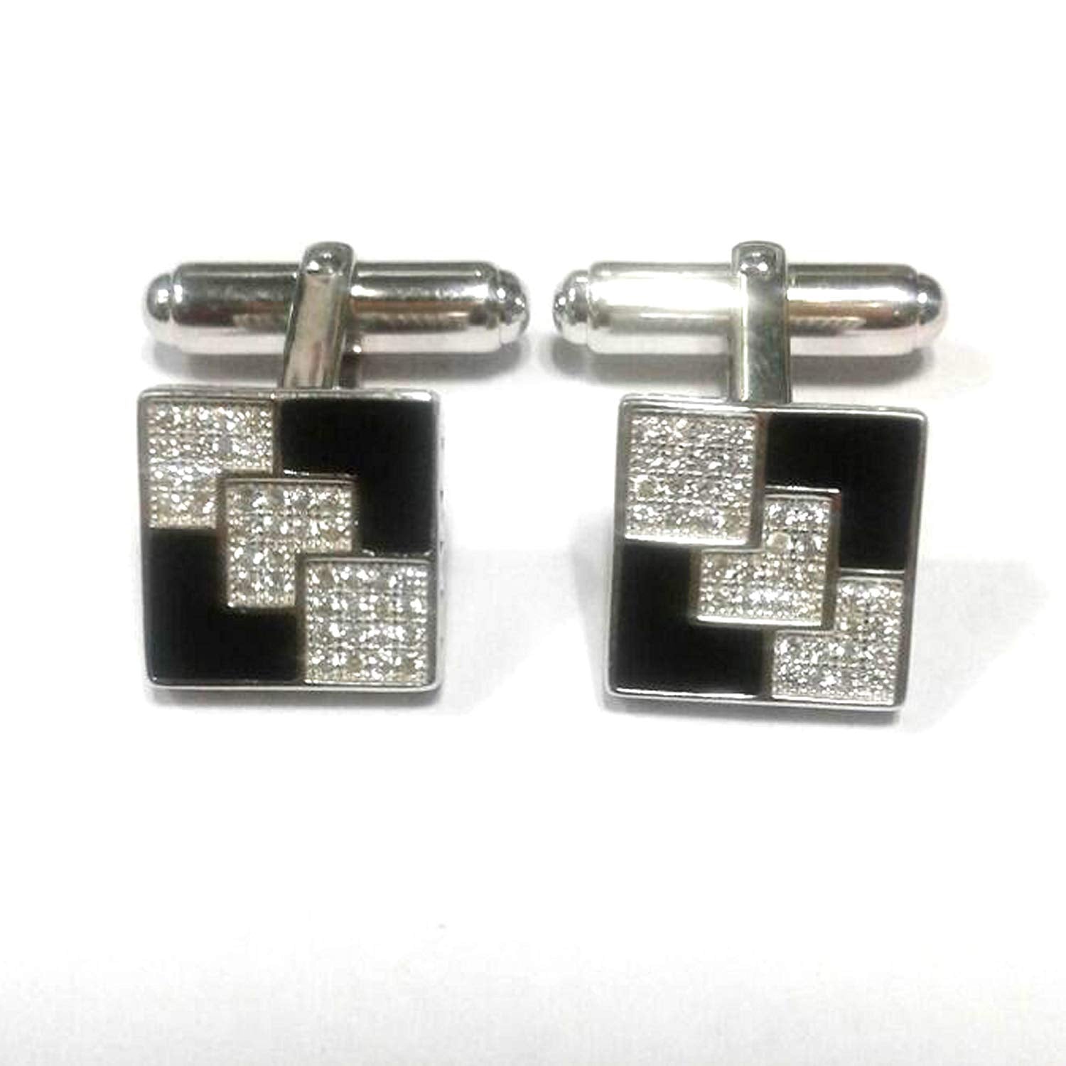 atjewels .925 Sterling silver Round Cut White Cubic Zircon With Black Color Eneamel Pair Of Cufflink For Men MOTHER'S DAY SPECIAL OFFER - atjewels.in