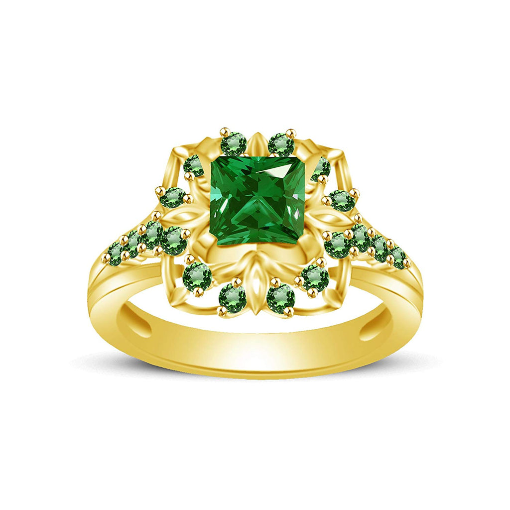 atjewels Princess & Round Cut Green Emerald 14k Yellow Gold Over .925 Sterling Silver Engagement Ring Size 11 For Women's and Girl's MOTHER'S DAY SPECIAL OFFER - atjewels.in