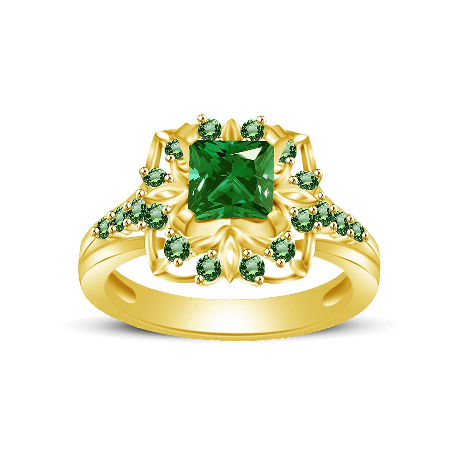 atjewels Princess & Round Cut Green Emerald 14k Yellow Gold Over .925 Sterling Silver Engagement Ring Size 12 For Women's and Girl's MOTHER'S DAY SPECIAL OFFER - atjewels.in